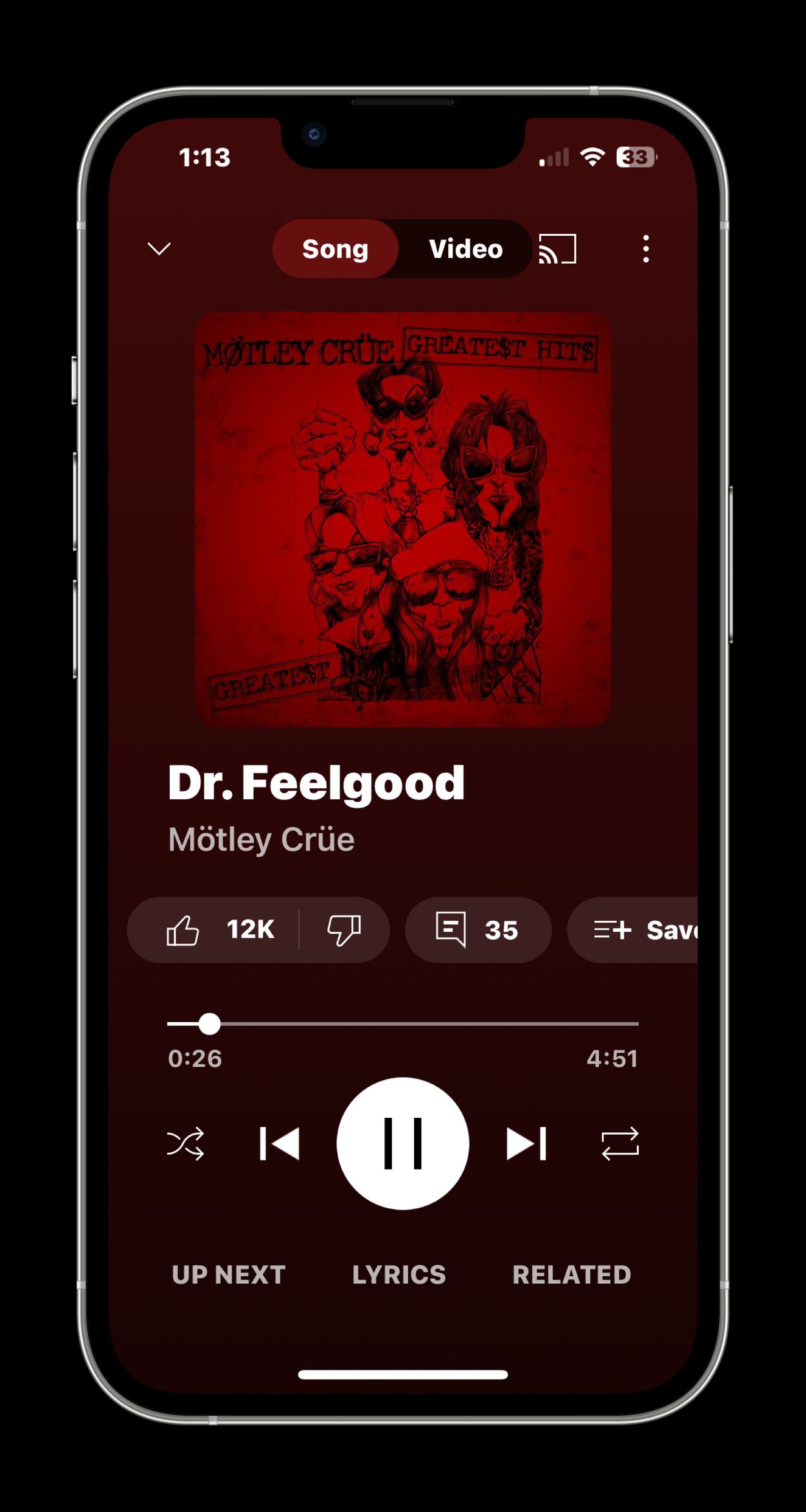 Screenshot of YouTube Music playing Dr. Feelgood by Mötley Cruë